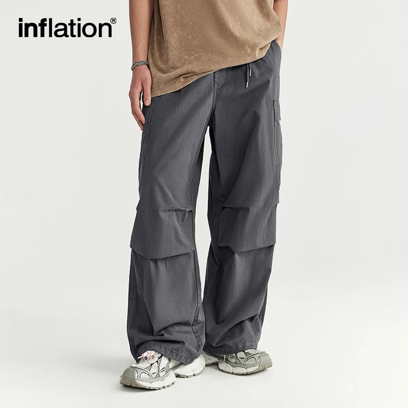 INFLATION Minimalism Washed Wide Leg Cargo Pants for Men Trendy Multi Pockets Casual Trousers 240806