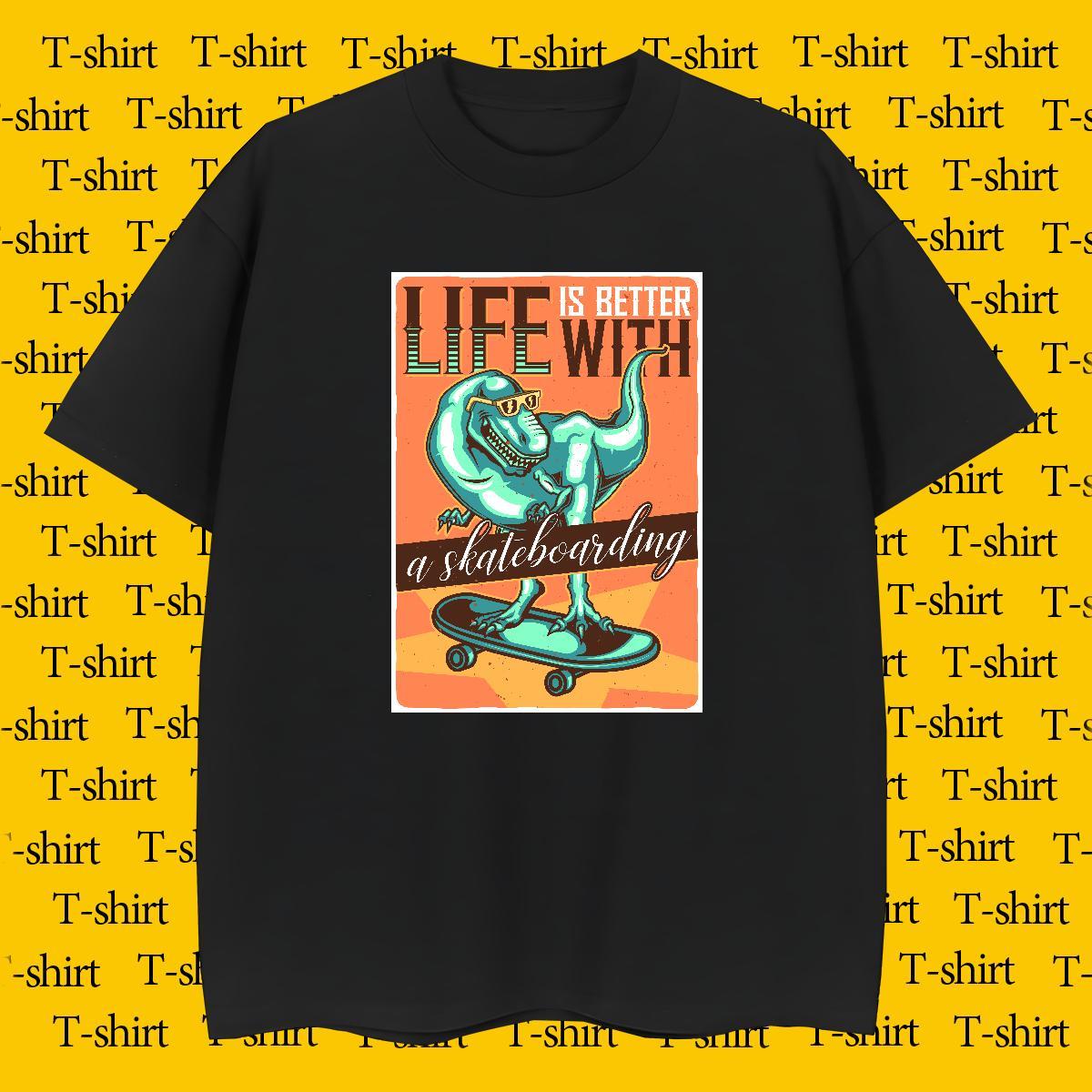 T shirt 230g Cotton dinosaur Anime Printing Street Breathable Short Sleeve Black Oversized Men Tops Tees Fashion Popular Tees Shirts