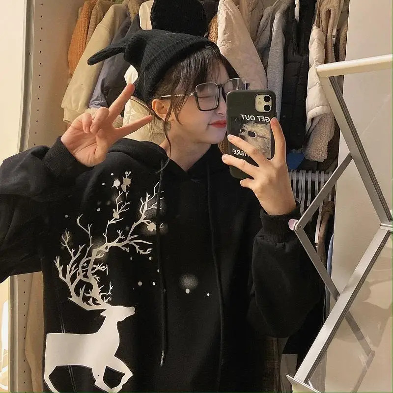 Christmas Printing Korean Loose Pullovers Femme Long Sleeve Drawstring Streetwear Hooded Sweatshirts Womens Clothing 240806