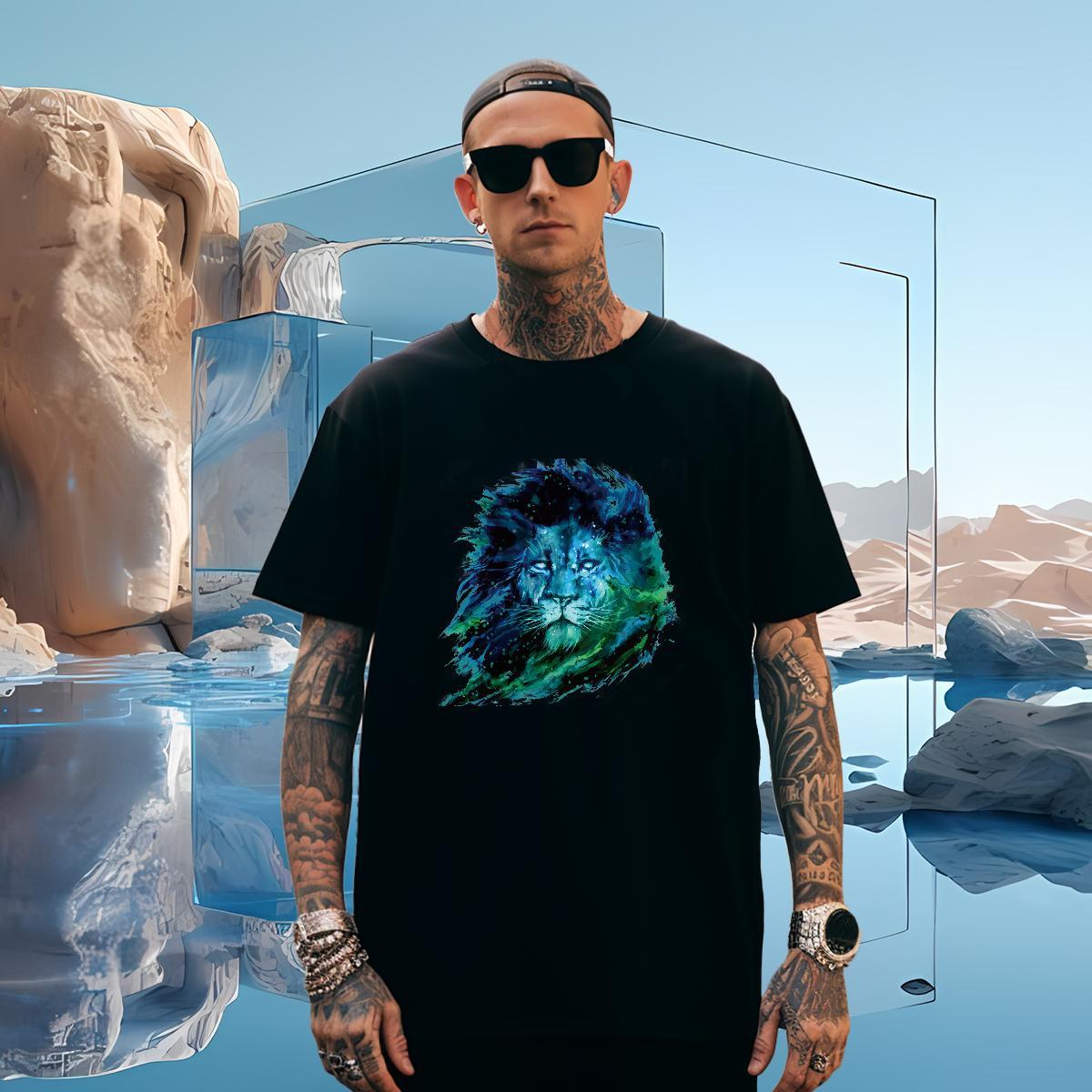 Mens T Shirts 230g 100% Cotton lion Sport Crew Neck Breathable Graphic Mens Tshirts 2024 New Soft Tee Shirt