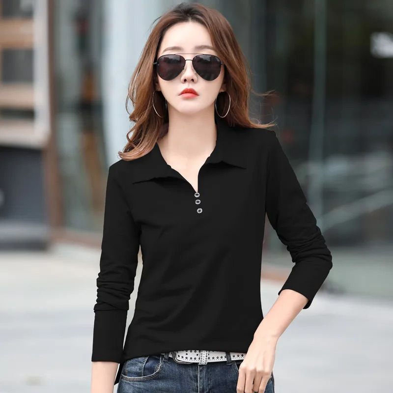 Spring and Autumn Long Sleeve Womens T-shirt Polo Bottom Shirt Womens Casual Lapel Body Shirt with Collar Ladies T-Shirt Tops 240806