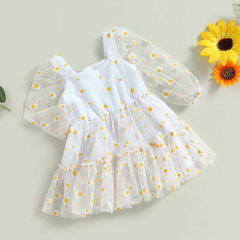 Preschool girl princess Tutu A-Line dress daisy print long sleeved pleated mesh chiffon dressW240720