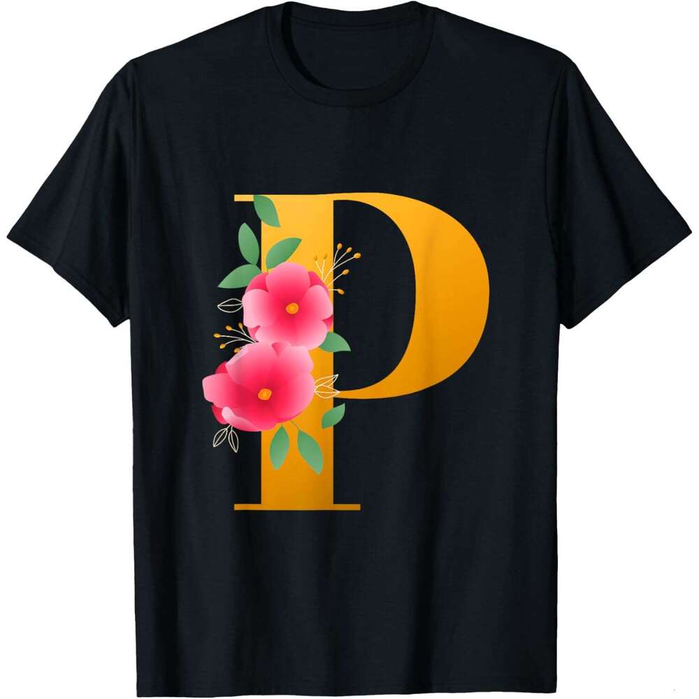 T shirt Mens Floral Alphabet Cute Initial Monogram Letter P Graphic T-Shirt shirts tshirt graphic tee Casual tops summer clothes Short sleeve Free shi