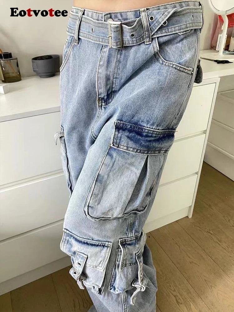 EOTVOTEE Women Casual Jeans American High Waist Street Style Baggy Cargo Pants Y2k Wide Leg Jeans Multiple Pockets Jeans 240806
