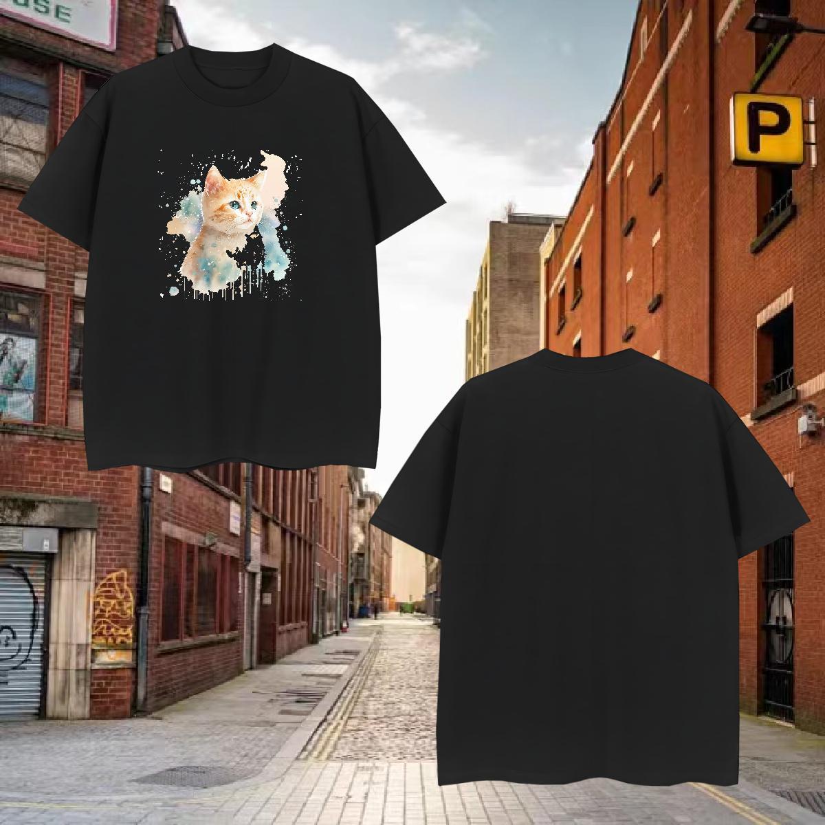 TOP Quality Mens Tshirts 100% Cotton 230g cat Man T Shirts Sport Short Sleeve Soft Cartoon Printing L-4XL Fashion Tees