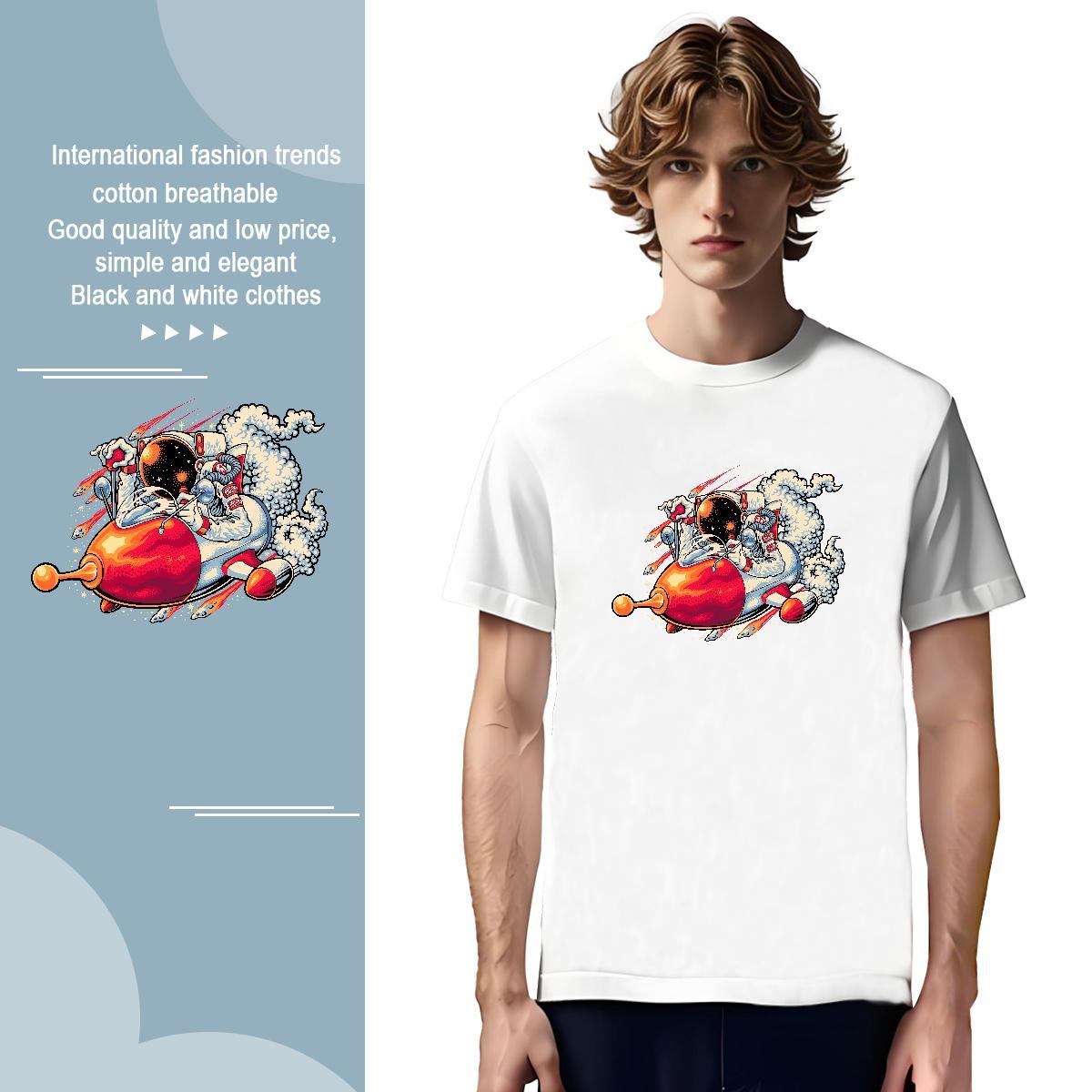 T Shirts Men 230g 100% Cotton cosmonaut Sports Casual Pure Cotton Black White Mens Tshirts Designer High Quality Tops Shirt