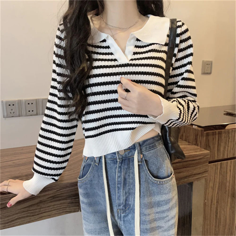 Autumn sweater knitted polo T-shirt womens loose casual polo collar long sleeved bottom striped top womens clothing y2k 240827