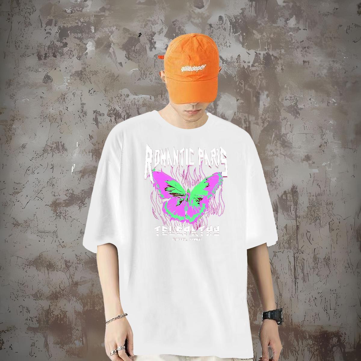 2024 Summer Man T Shirts 230g Cotton Butterfly Hip Hop Street Tops Shirt Breathable Short Sleeve TOP Quality Men Tees Custom Print Oversized