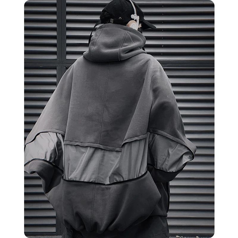 Neutral high street spring functional style irregular zipper hooded sweatshirt loose patch work bat top mens sportswear 240806