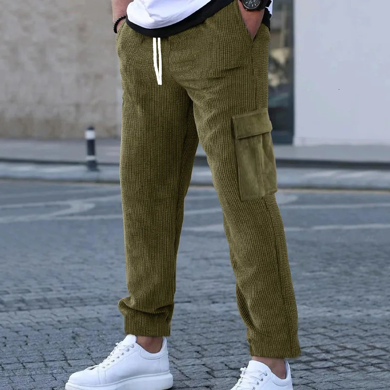 Foreign Trade Mens Corduroy Trousers Solid Color Sports Pants Loose Straight MultiPocket Thin Casual Autumn and Winter 240806