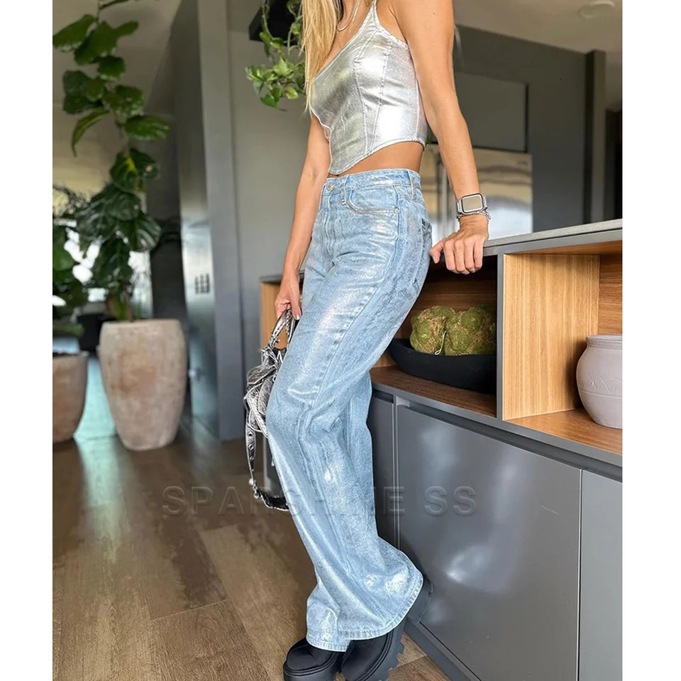 Y2K Advanced Hip-hop Streetwear Denim Trousers Casual Loose Pants For Women Colorblock Spliced Streetwear Straight Leg Pants 240806