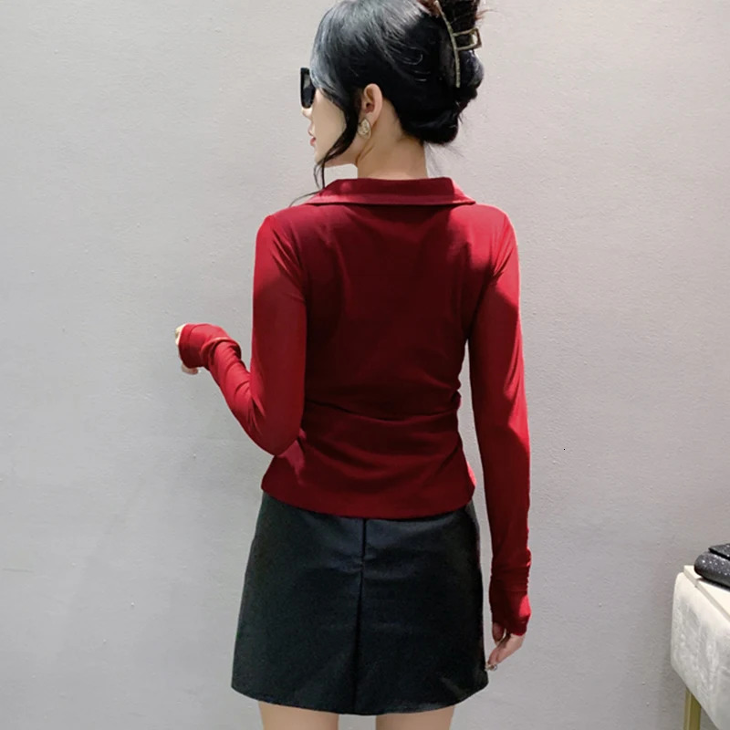 Spring European Clothes T-Shirt Chic Spliced Sexy Zipper Cardigan Womens Tops Long Sleeve Bottoming Shirt Tees 4 240806