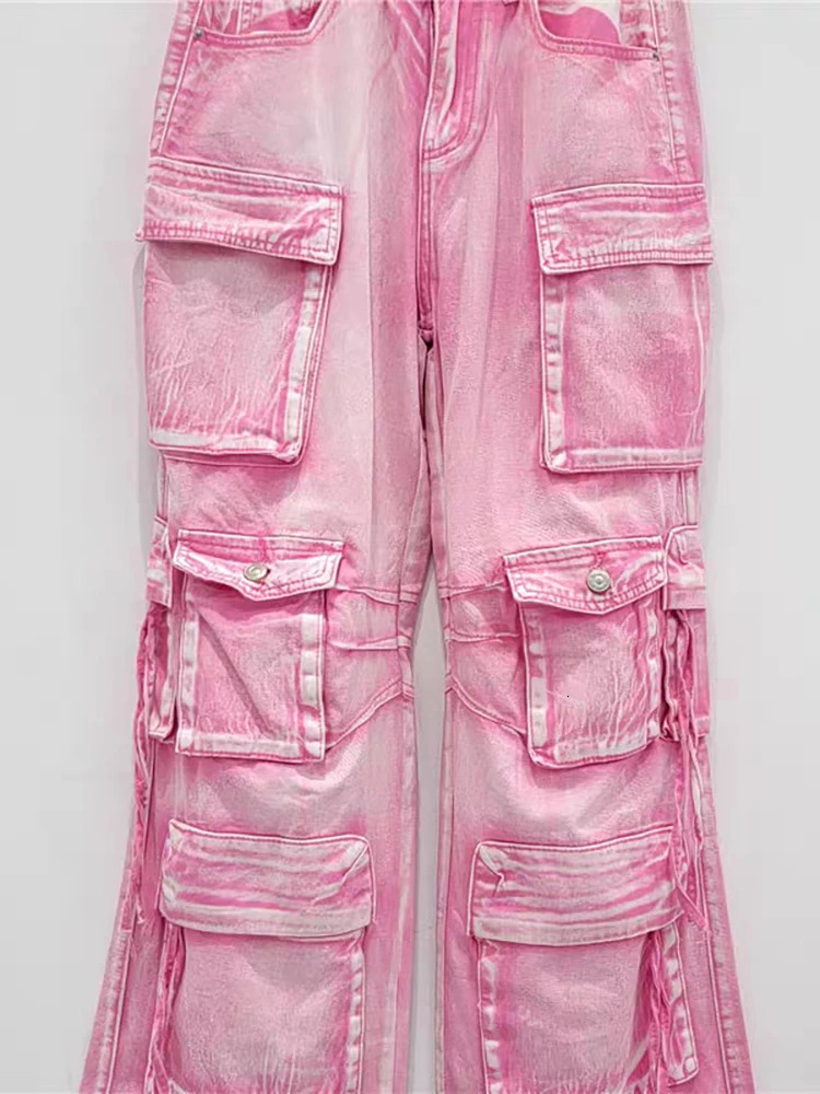 DEAT Womens Jeans High Waist Multiple Pockets Pink Washed Straight Wide Leg Cargo Denim Pants Summer Fashion 29L7634 240806