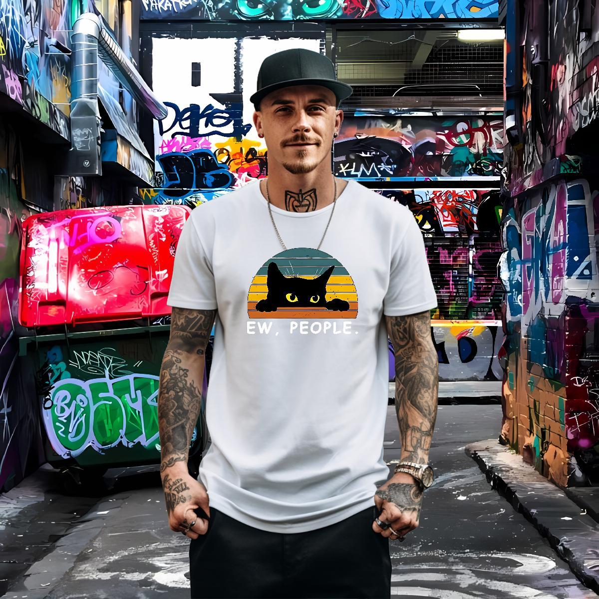 Classic Casual Man T Shirts 230g Cotton cat Daily Outfit Tops Tees O Neck Short Sleeves High Quality Men Tshirts Black White
