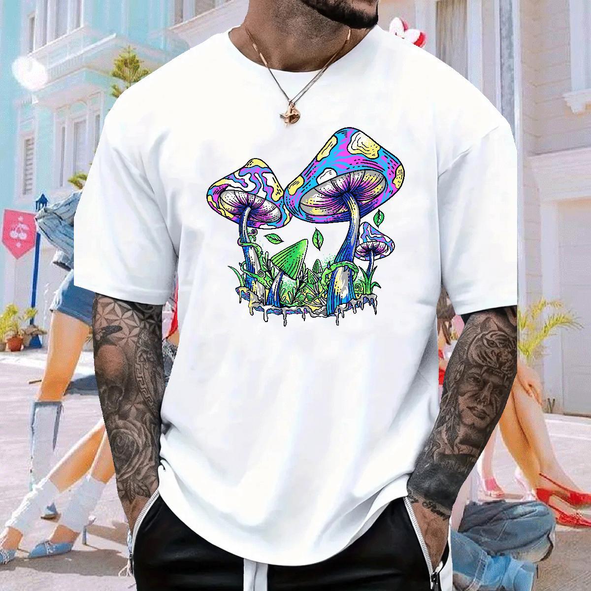 Man T Shirts 230g 100% Cotton mushroom Street Casual Breathable Soft Cartoon Printing L-4XL Mens Tshirts 2024 Summer Cool Design Tees