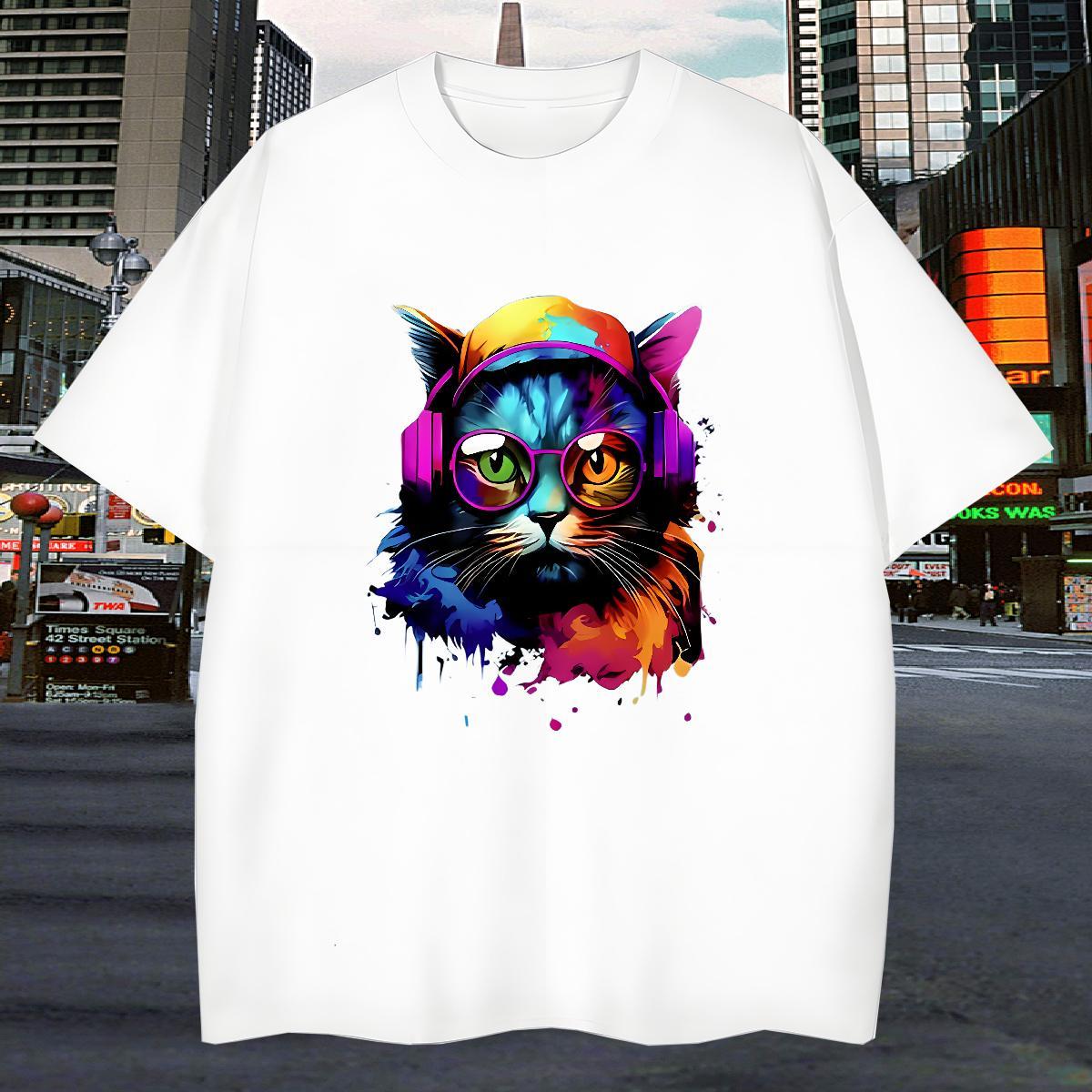 T Shirt For Man 100% Cotton 230g colorful cat Spring Summer Breathable Crew Neck Oversized 3XL 4XL Men Tshirts Customized Free Shipping Wear