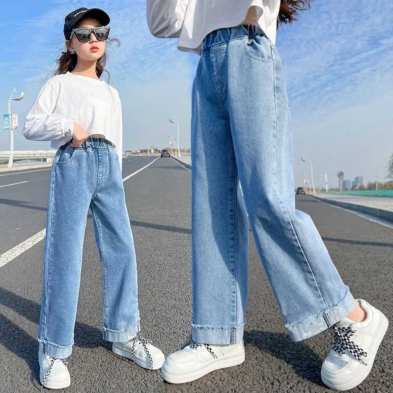 The latest 2023 childrens high waisted straight open jeans with holes suitable for girls casual jeans 5 7 9 11 13 14 years old W240803