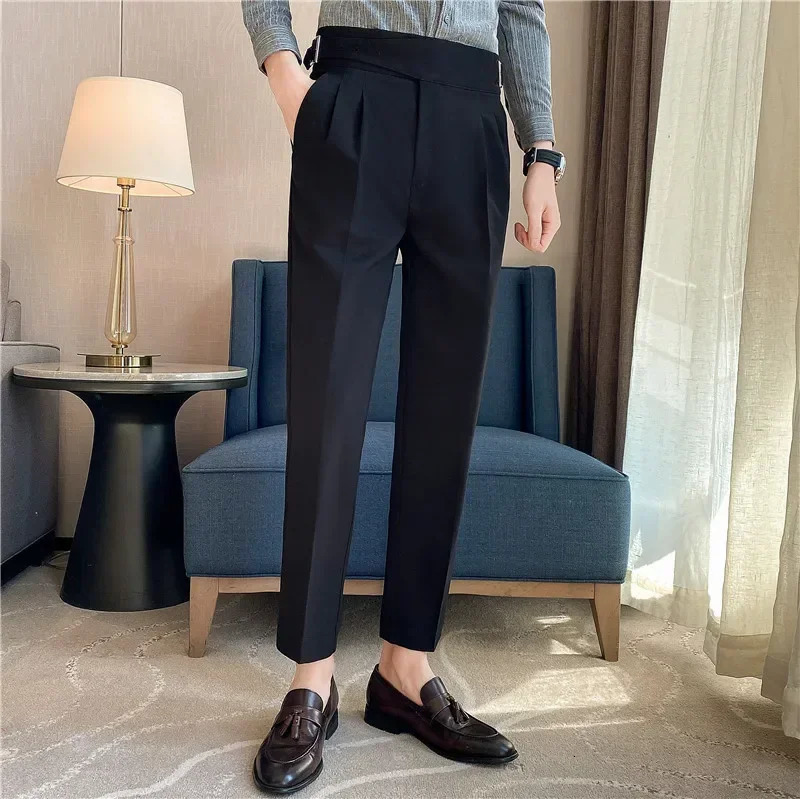 Men High Waist Dress Pants Trousers Spring British Style Straight Solid Casual Slim Fit Suit Fashion Clothing 240806