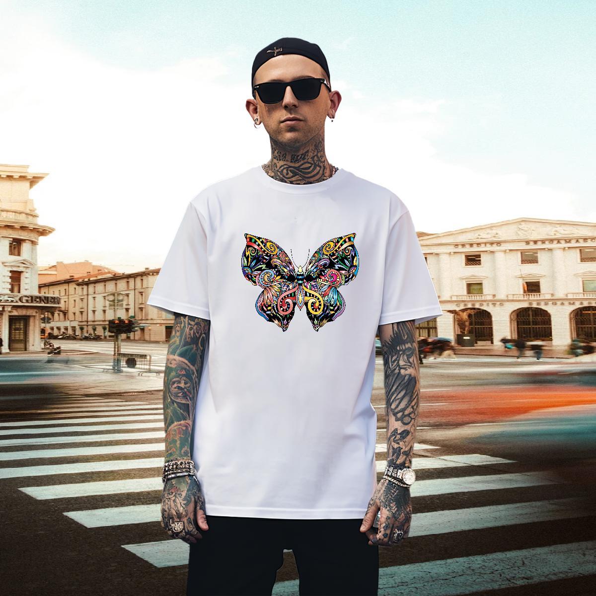 Soft Men Tshirts 230g 100% Cotton Hip Hop Butterfly Plus Size Custom O-Neck Short Sleeve 2024 DIY T Shirt For Man Wear