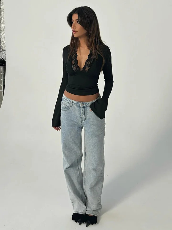 Absobe Sexy Lace Patchwork Crop Top Women Low Cut V-Neck T-shirt Flare Long Sleeve Versatile Slim Tees Female Streetwear 240806