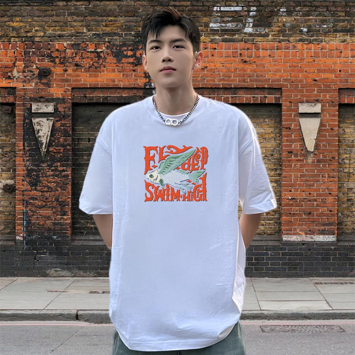 Factory Direct Mens T Shirts 230g Cotton fish Hip Hop Clothes Round Neck Short Sleeve Wholesale Men Clothes T-Shirt Black White