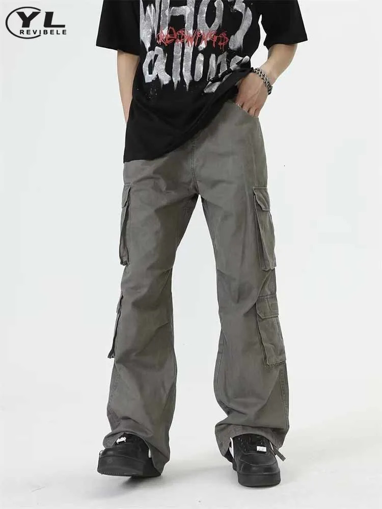 American multi pocket cargo pants mens Japanese retro bag straight casual jogging sports autumn style 240812