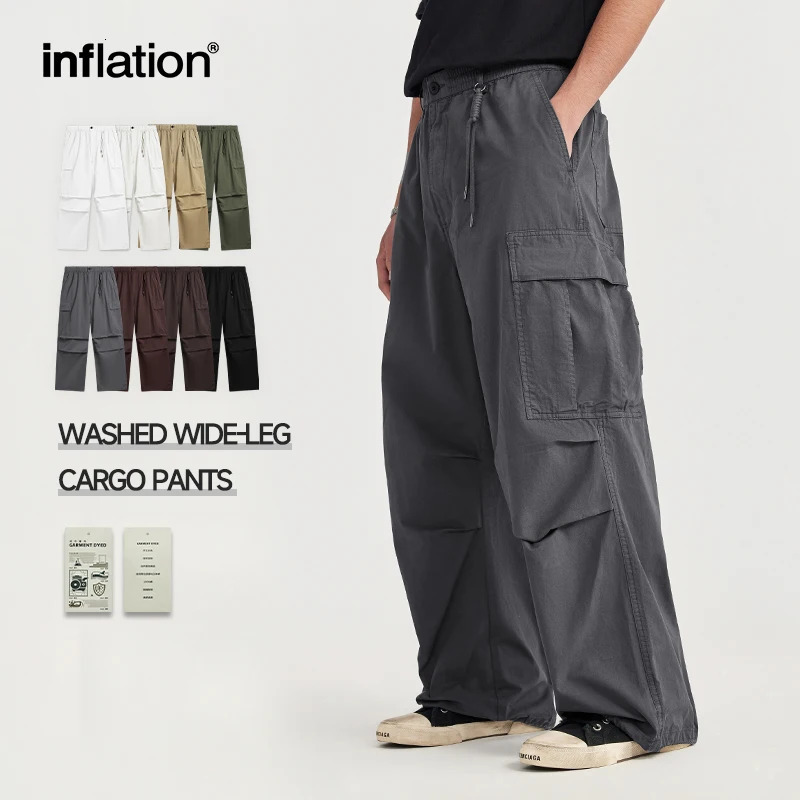 INFLATION Minimalism Washed Wide Leg Cargo Pants for Men Trendy Multi Pockets Casual Trousers 240806
