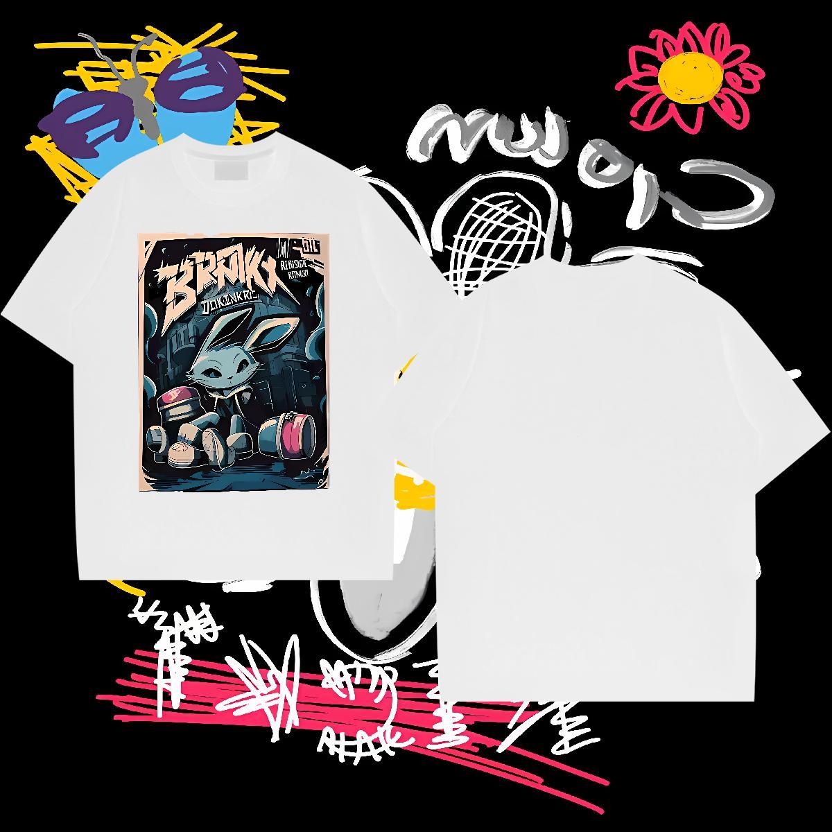 Man T Shirts 230g Pure Cotton rabbit Anime Printing Street Breathable Crew Neck DIY Printed Tshirts New Loose Fit Clothes