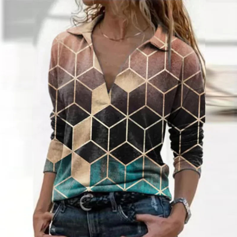 Womens long sleeved V-neck geometric printed shirt retro loose polo shirt Y2K Harajuku oversized top elegant zipper sweater tuned 240827