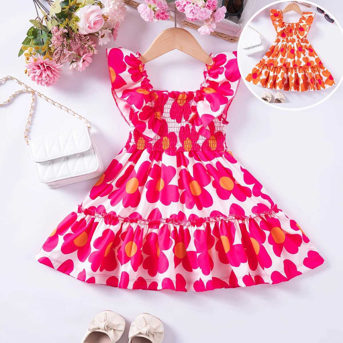 Summer girls printed princess dress sleeveless fashion Peplum square neckline dress for girls and childrenW240720