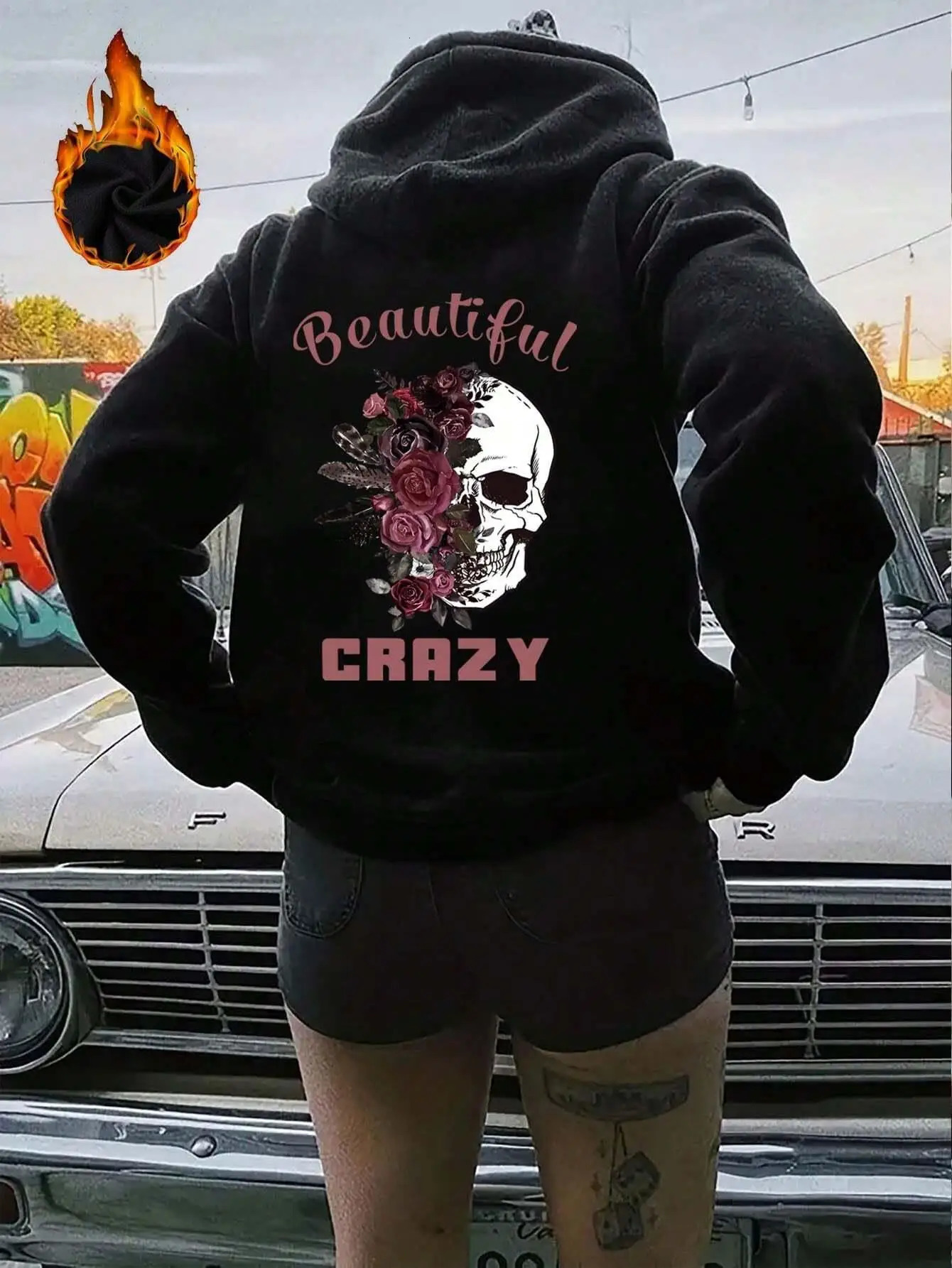 Beautiful Crazy Skull And Flowers Printed Hoodies Street Women Sweatshirts Fleece Warm Pullover Crewneck Loose Female Clothes 240806