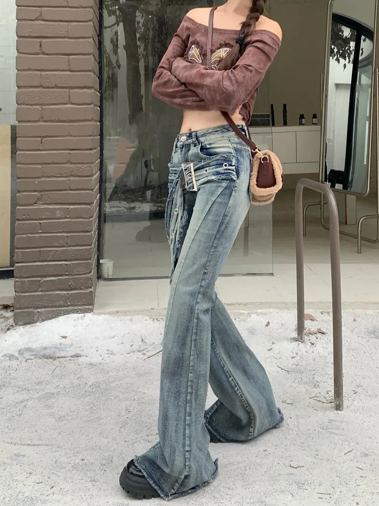 America Y2k Low Rise Flare Jeans Vintage WashedJeans Korean Grunge Cargo Pants 2000s Wide Leg Denim Pants Streetwear Fashion 240806