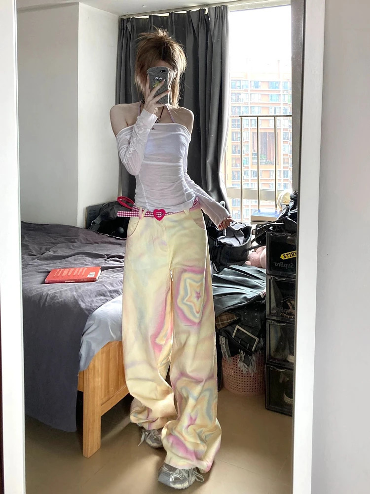 Women Harajuku Fashion Jeans Baggy Star Graffiti Denim Pants Cyber Punk Hip-pop Tie Dye Goth Y2k Streetwear Japanese Streetwear 240806