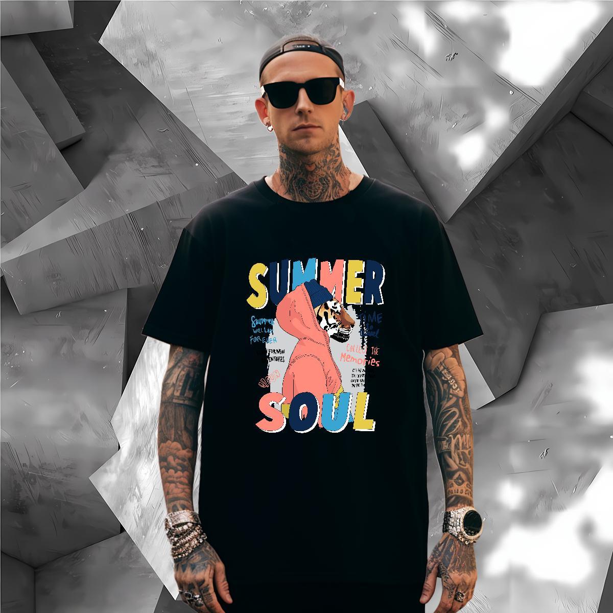 Mens T Shirts 230g Pure Cotton tiger Street Breathable Crew Neck DIY Anime Men Clothes T-Shirt Stylist High Quality Tops Tees