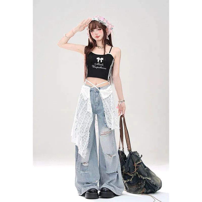 High Waist BlueWomens Jeans Vintage Straight Baggy Denim Pants Streetwear American Style Cargo Plus Size Wide Leg Denim Trouser 240806
