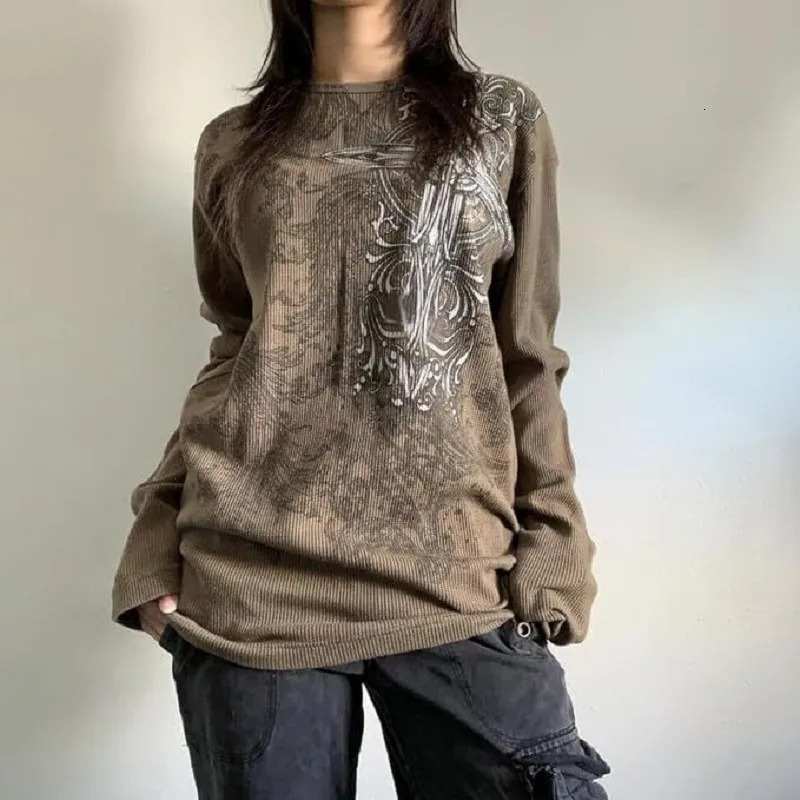 Retro Goth Pattern Long-sleeved T-shirt High Street Dark Punk Y2k 90s Harajuku O-Neck Loose Tops women Clothes vintage summer 240806