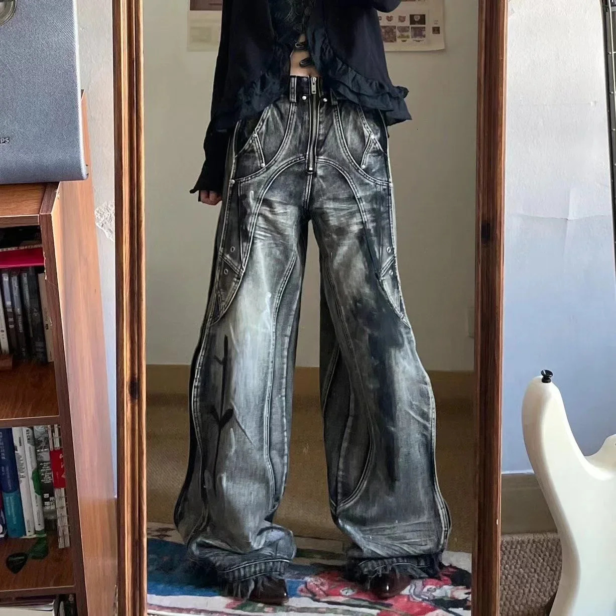 Y2K American Vintage hip-hop washing fashion striped graffiti jeans womens Harajuku punk Gothic wide pants Streetwear 240806