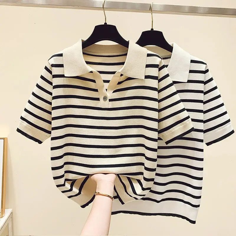 Women Clothing Fashion Polo-neck Striped Short Sleeve T-shirts Summer Vintage Button Sweet Knit Top Office Lady Loose Pullovers 240806