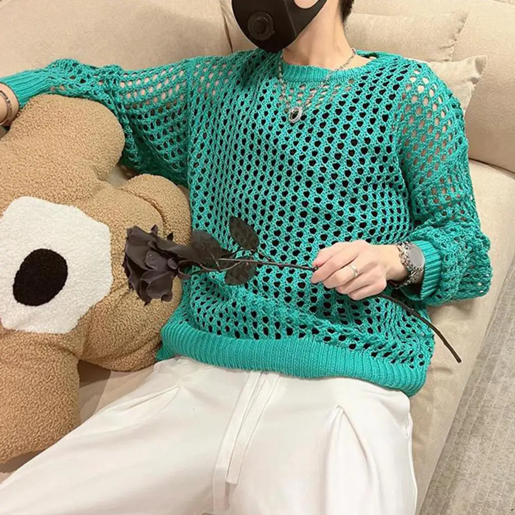 Comfortable Men Shirt Mens Hip Hop Mesh Fishnet Clubwear Top Solid Color Round Neck Long Sleeve Seethrough Pullover for y240812