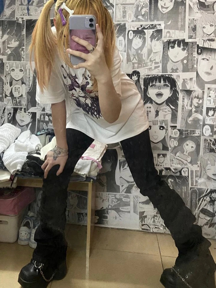 REDDACHiC Goth Lolita Black Pants Casual Flare Stacked Jeans Women Stretchy High Waist Trousers 2000s Y2K Grunge Emo Streetwear 240806