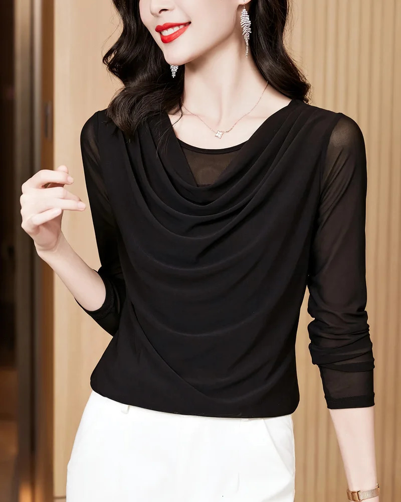 O Neck Mesh Tees Tops Women Long Sleeve T Shirts Solid Color Autumn T-Shirts Women Fashion Clothing 240806