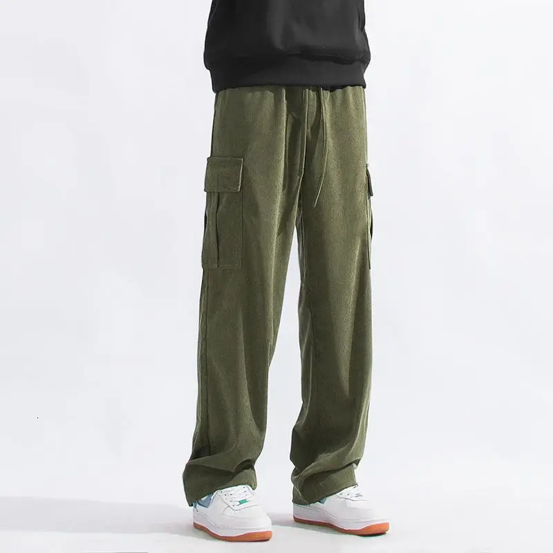 American Vintage Autumn Corduroy Casual Work Pants Mens Solid Elastic Waist Pocket Patchwork Drawstring Loose Straight Trousers 240806