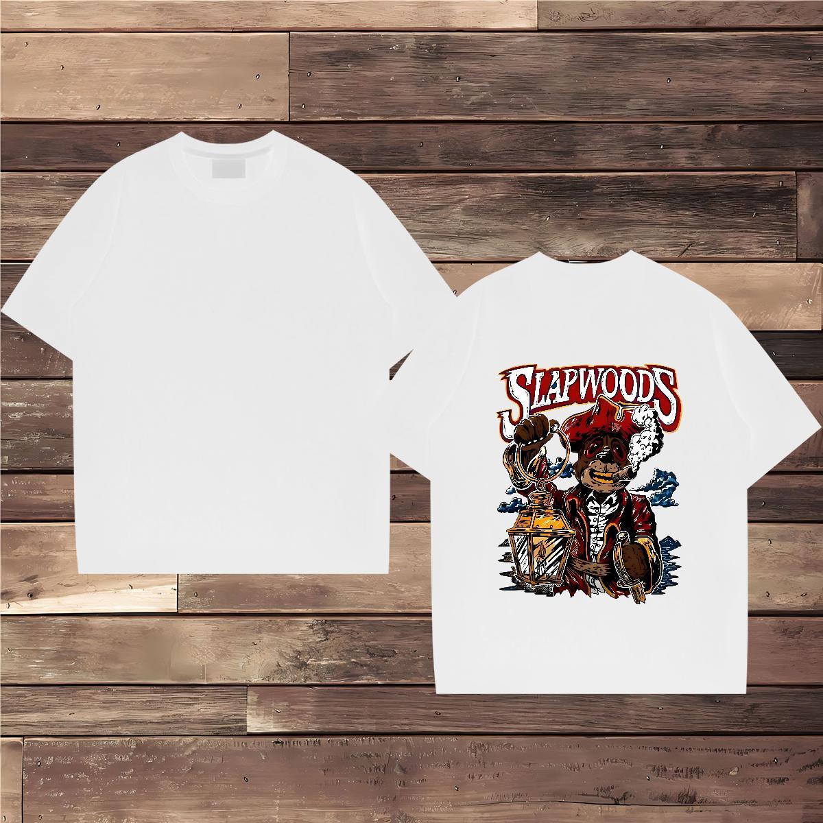 2024 DIY Man T Shirts 230g Pure Cotton bear Street Casual Tshirts Round Neck Short Sleeve Loose Men Tees Cartoon Print