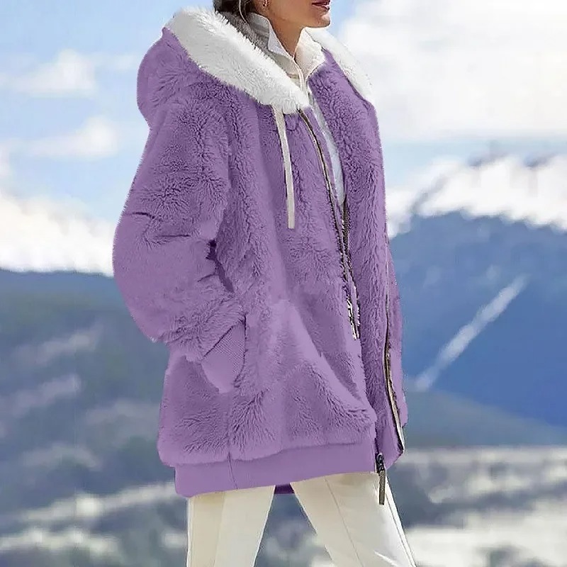 2024 Winter Fashion Women's Coat New Casual Hooded Zipper Clothes Cashmere Women Fleece Jacket Solid Color Ladies CoatsF86#35