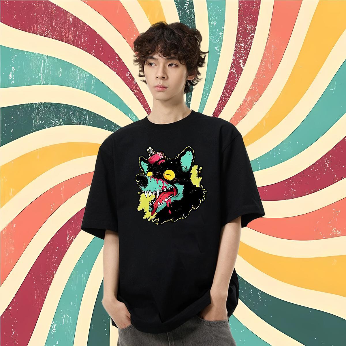 Casual New Men T Shirts 100% Cotton 230g wolf Street Casual Polos Breathable Crew Neck Loose Men Tops Tees White Plus Size