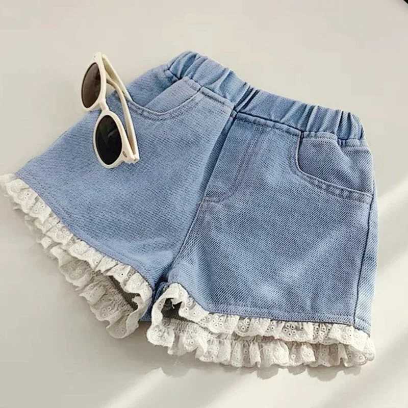 Korean Sle Kids Short Denim Shorts for Girls Fashion Girl Pockets Design Jeans Children Elastic Waist Summer Casua Short Pants W241227