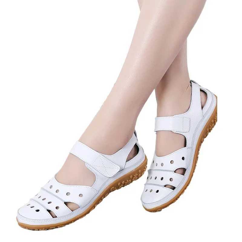 High Quality Mother Womens Female Ladies Genuine Leather White Shoes Sandals Hook Loop Summer Cool Beach Hollow Soft Nurse Shoes T241227