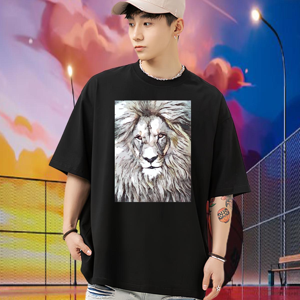 2024 Summer T-Shirts 100% Cotton 230g lion Hip Hop Tops Shirt Breathable Crew Neck Comfortable Mens Tshirts Black Oversized