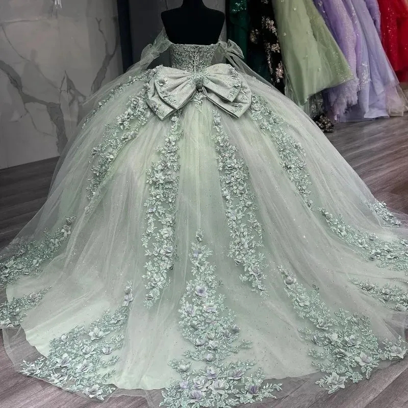 Light Green Quinceanera Dresses Off Shoulder Lace Appliques Beads Hand Made wers Bow Tulle Ball Gown Party Birthday Sweet 16 Dress Vestidos De 15 Anos