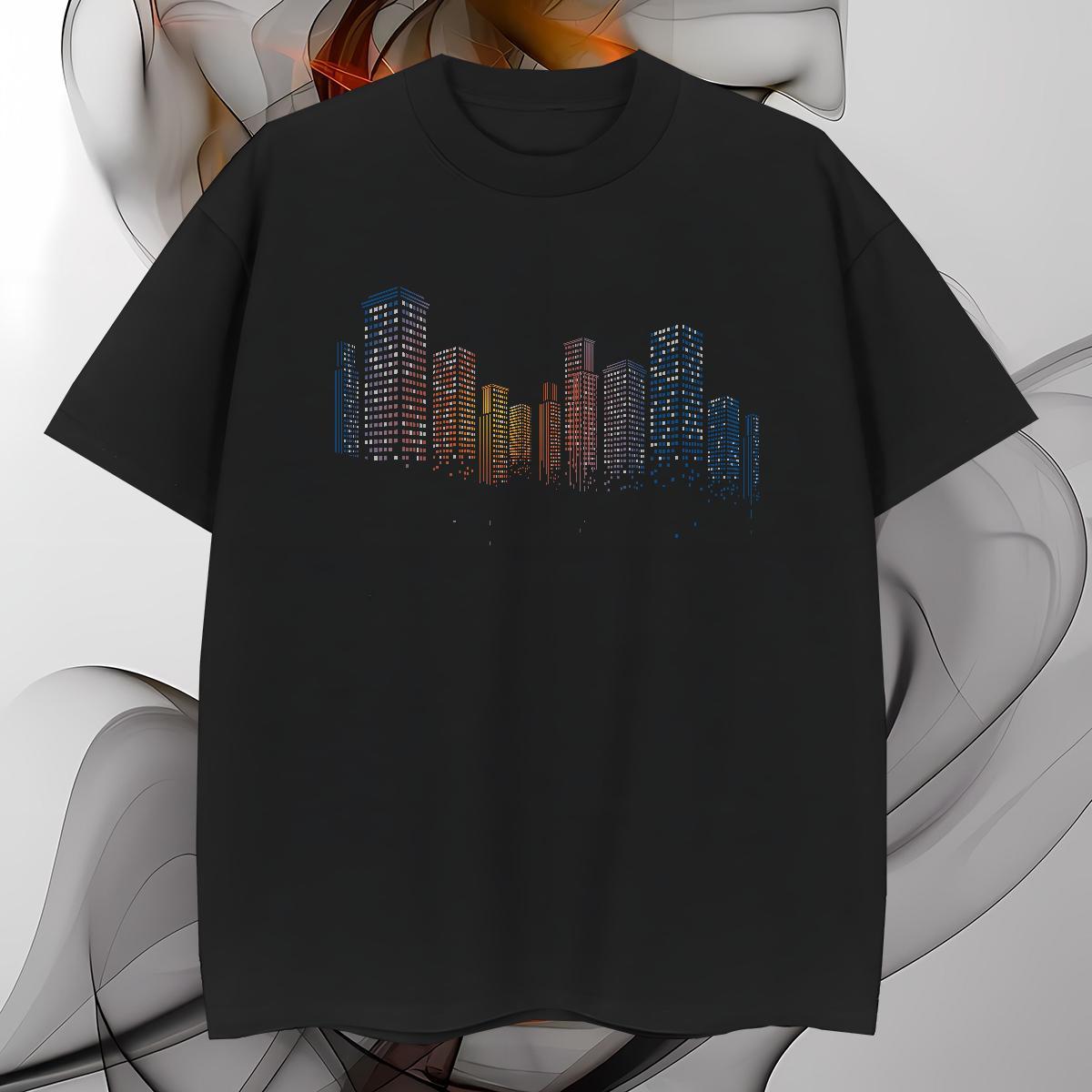 Mens T Shirts 100% Cotton 230g Tall buildings Daily Wear Breathable Oversized 3XL 4XL Couples T Shirts 2024 New Free Shipping Tops Shirt